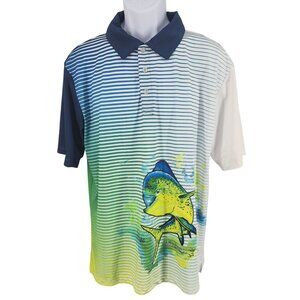 Men's Wave Life Mahi-Mahi Fish Polo Shirt Large Striped Thin Lightweight Dry Fit